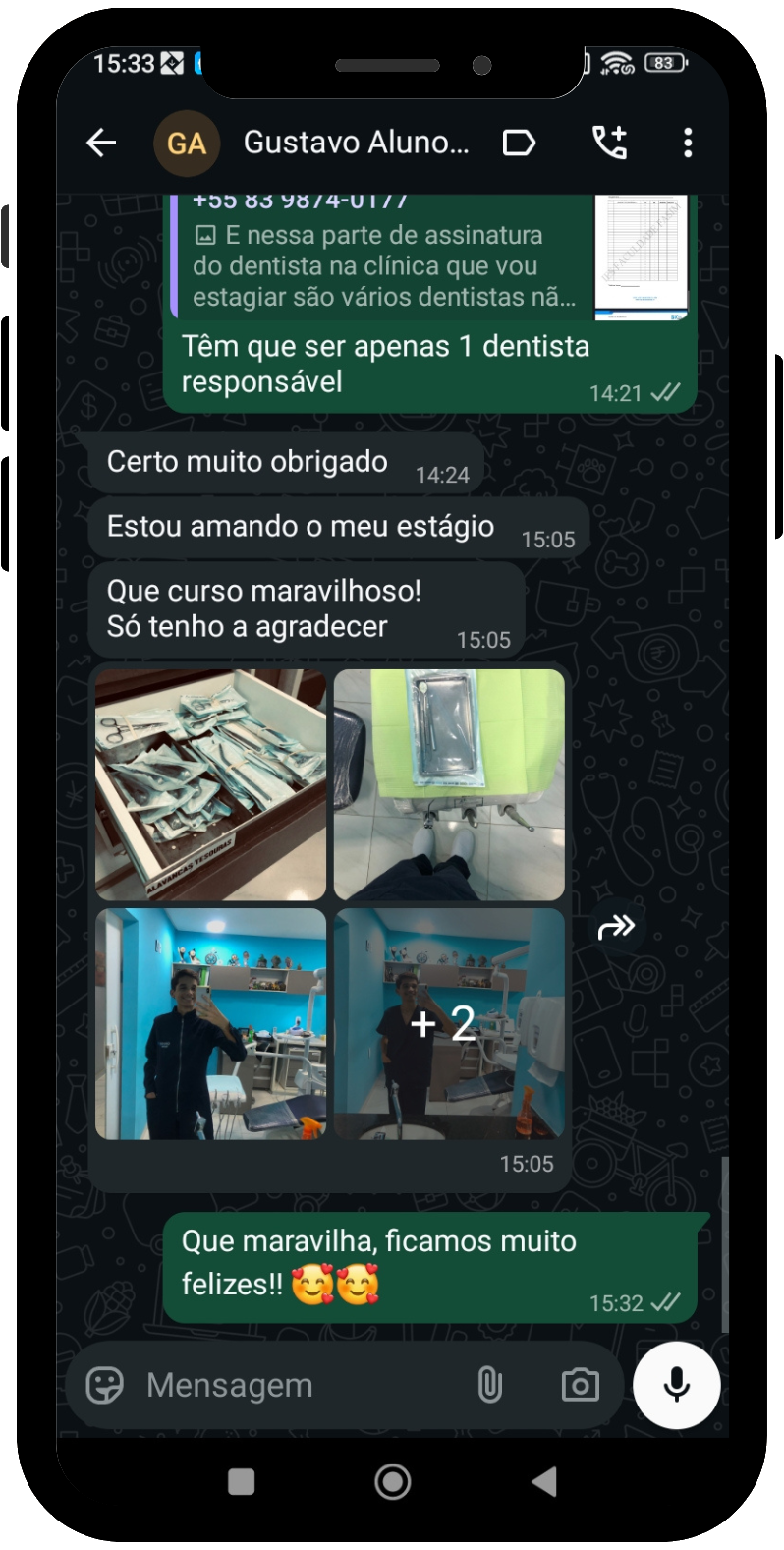 Depoimento de aluno 5 no WhatsApp