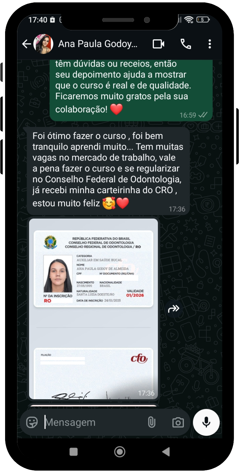 Depoimento de aluno 2 no WhatsApp