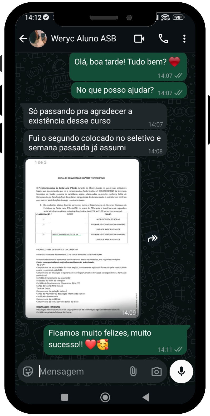 Depoimento de aluno 3 no WhatsApp
