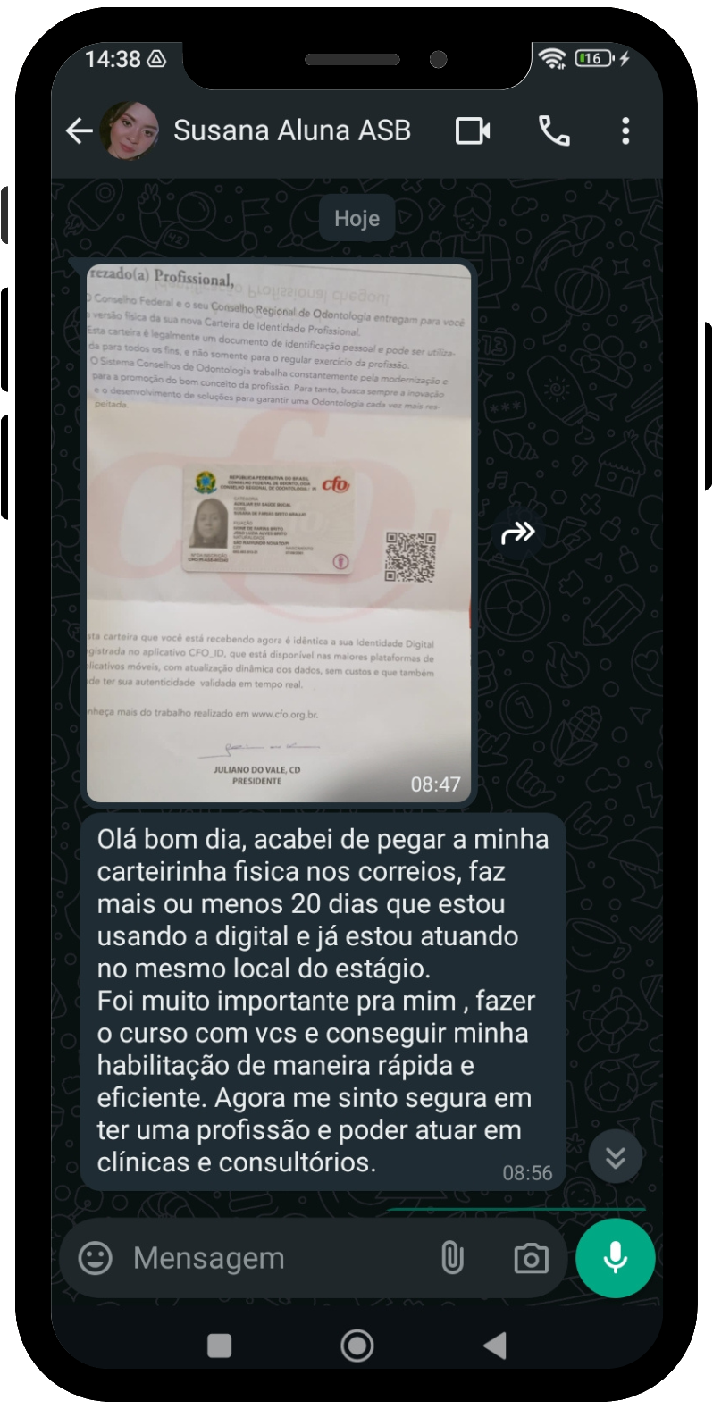Depoimento de aluno 4 no WhatsApp