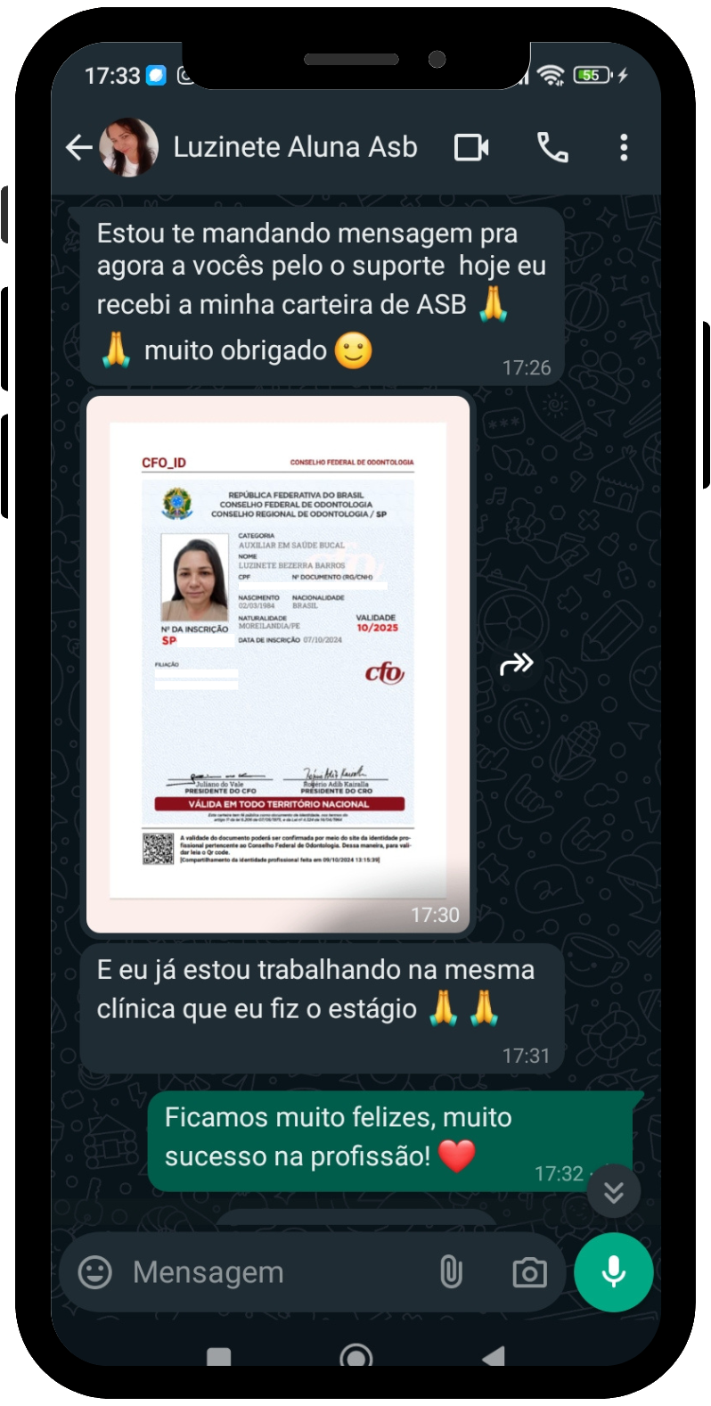 Depoimento de aluno 1 no WhatsApp