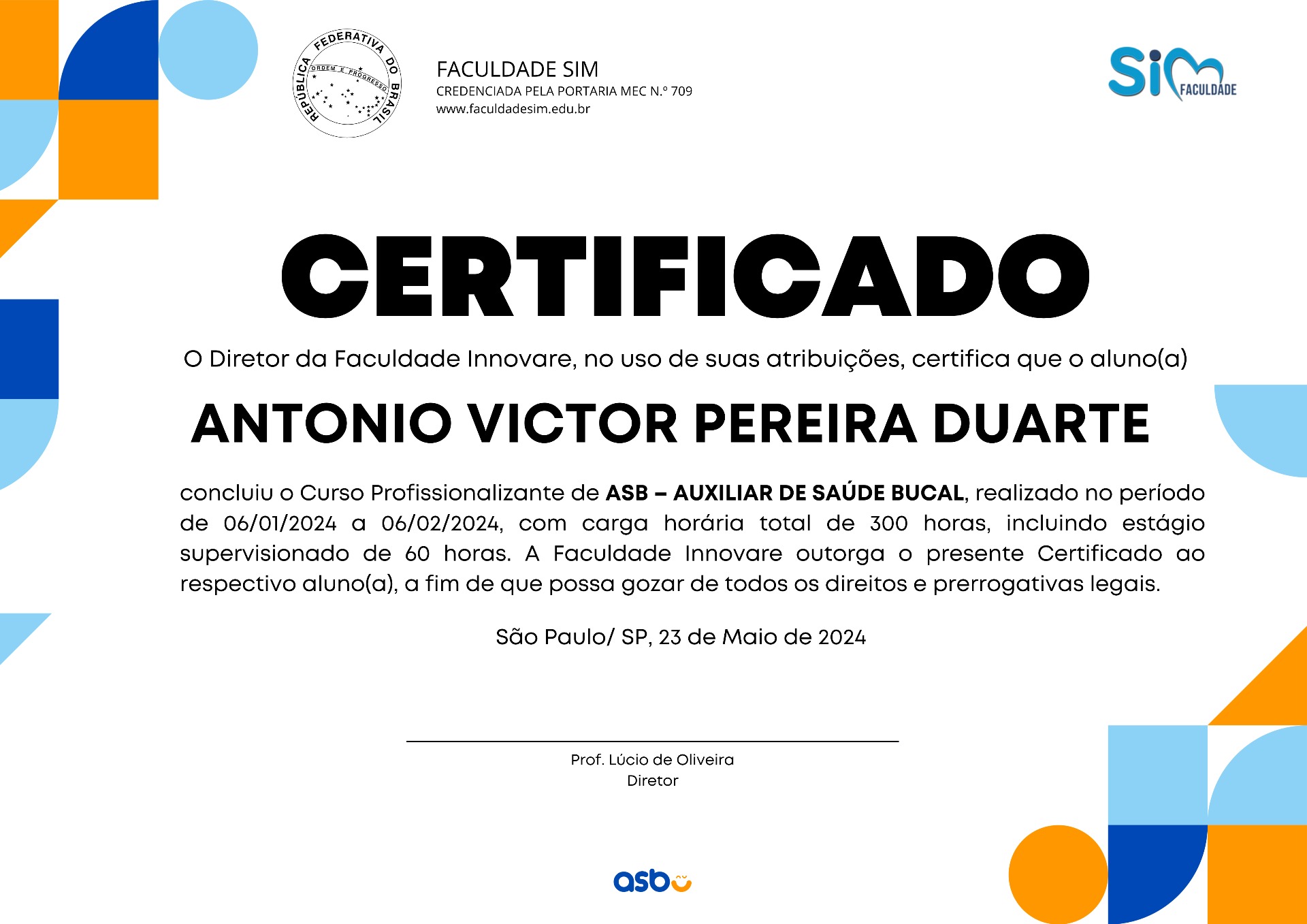 Frente do certificado de ASB FASIM