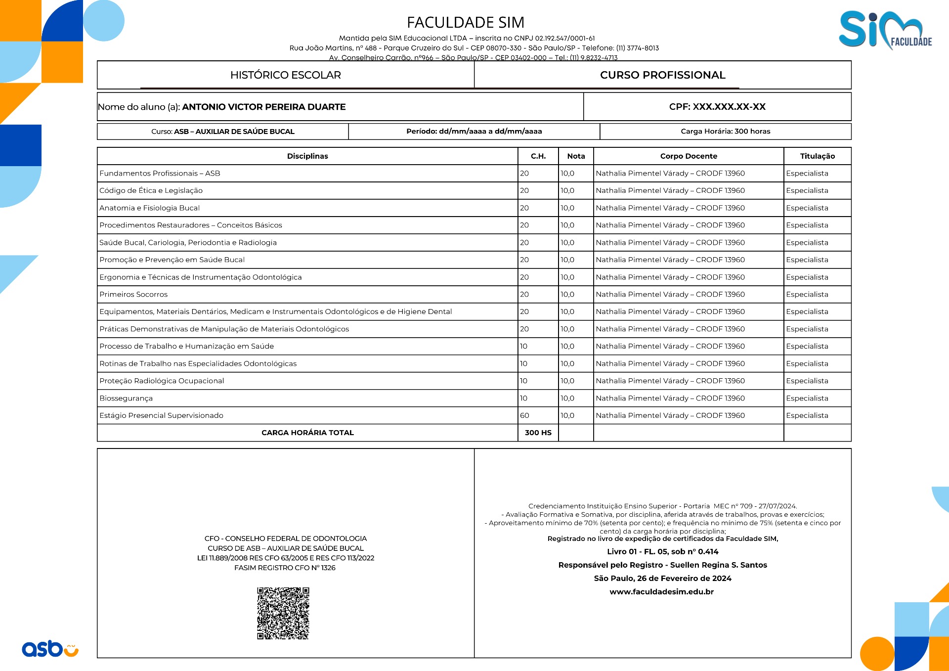 Verso do certificado com histórico escolar