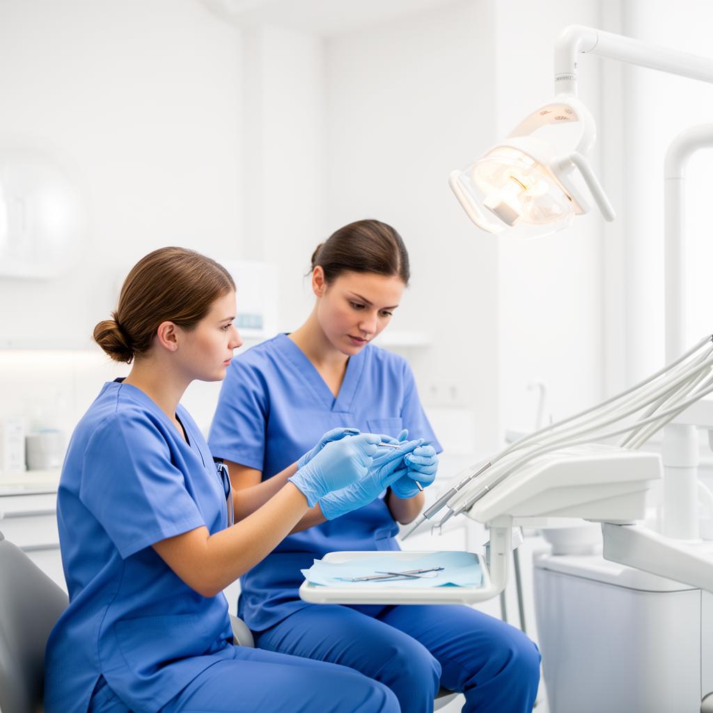 Auxiliar de Saúde Bucal auxiliando dentista durante atendimento