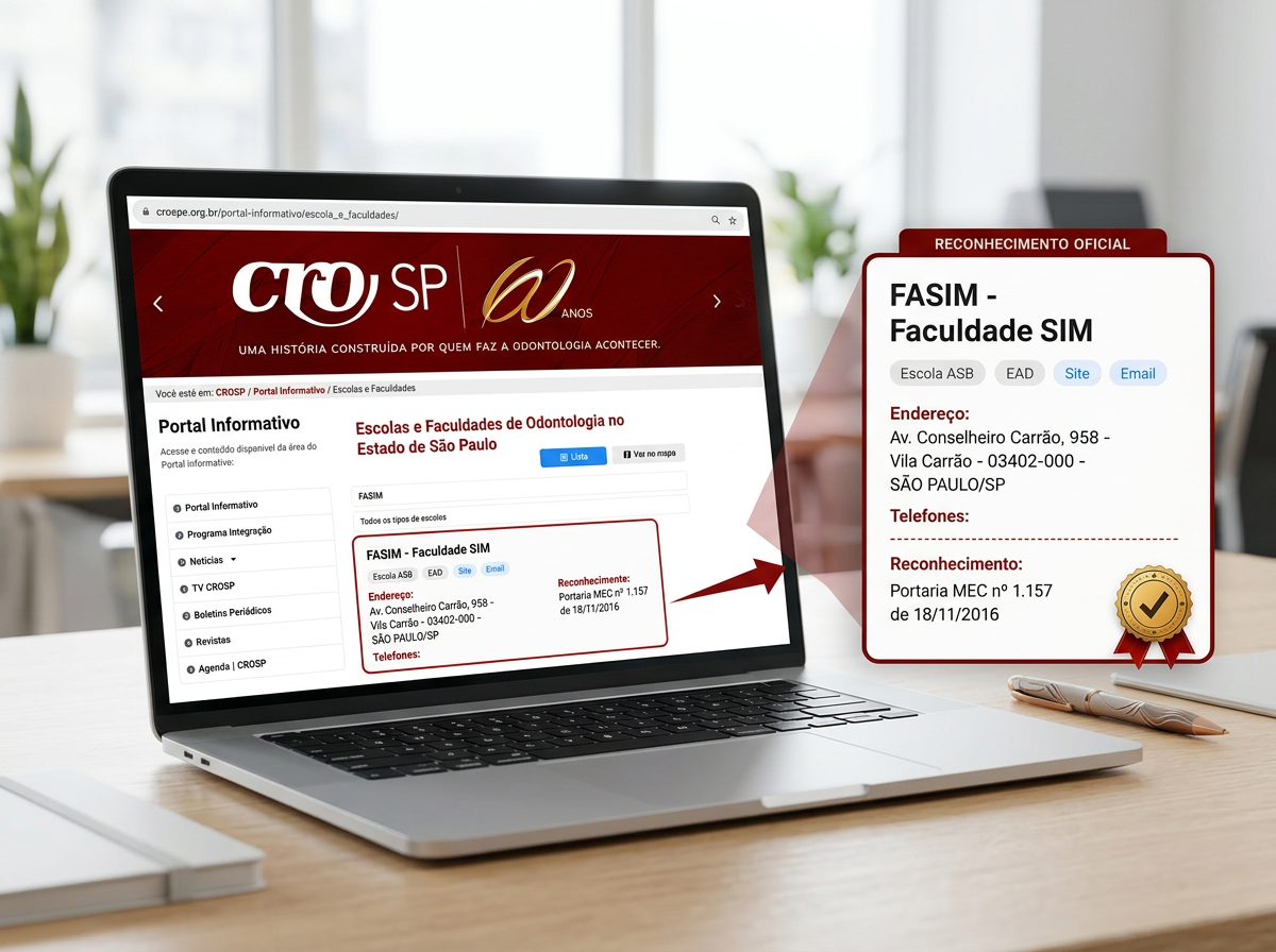 Site oficial do CRO exibido em um notebook, comprovando o reconhecimento da Faculdade SIM (FASIM)